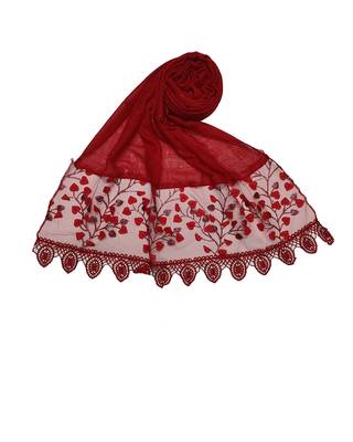 Cotton Leaf Design On Net With  Flowerly Border ( Red Size 75 x 185 CM ) 1
