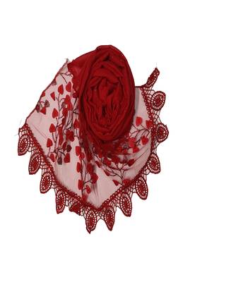 Cotton Leaf Design On Net With  Flowerly Border ( Red Size 75 x 185 CM ) 2