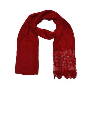 Cotton Leaf Design On Net With  Flowerly Border ( Red Size 75 x 185 CM ) 3
