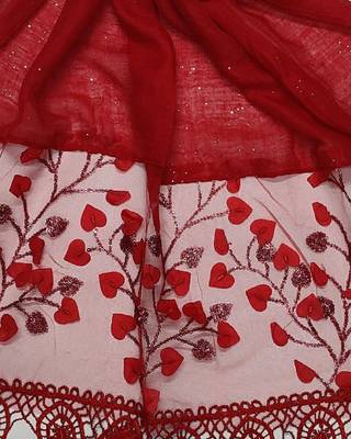 Cotton Leaf Design On Net With  Flowerly Border ( Red Size 75 x 185 CM ) 4