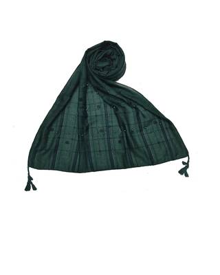 Cotton Box Checkered With Moti and Self embroidered Design Stole ( Green Size 75 x 185 CM ) 1