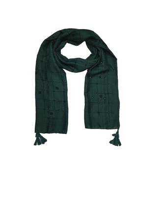 Cotton Box Checkered With Moti and Self embroidered Design Stole ( Green Size 75 x 185 CM ) 3
