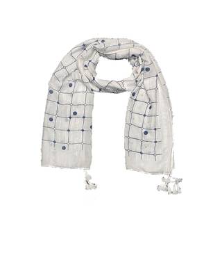 Cotton Box Checkered With Moti and Self embroidered Design Stole ( White Size 75 x 185 CM ) 1