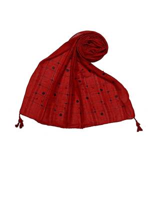 Cotton Box Checkered With Moti and Self embroidered Design Stole ( Red Size 75 x 185 CM ) 1