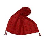 Cotton Box Checkered With Moti and Self embroidered Design Stole ( Red Size 75 x 185 CM )