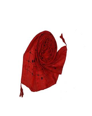 Cotton Box Checkered With Moti and Self embroidered Design Stole ( Red Size 75 x 185 CM ) 2