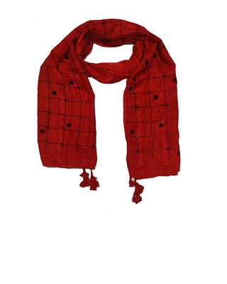 Cotton Box Checkered With Moti and Self embroidered Design Stole ( Red Size 75 x 185 CM ) 3