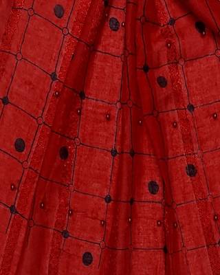 Cotton Box Checkered With Moti and Self embroidered Design Stole ( Red Size 75 x 185 CM ) 4