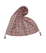 Cotton Box Checkered With Moti and Self embroidered Design Stole ( Light Pink Size 75 x 185 CM )