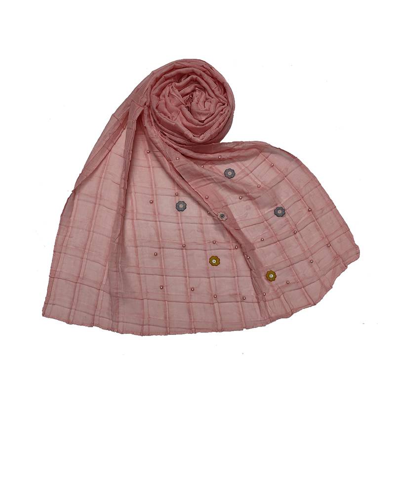 Cotton Box Checkered With Moti and Flower Design ( Pink Size 75 x 185 CM )