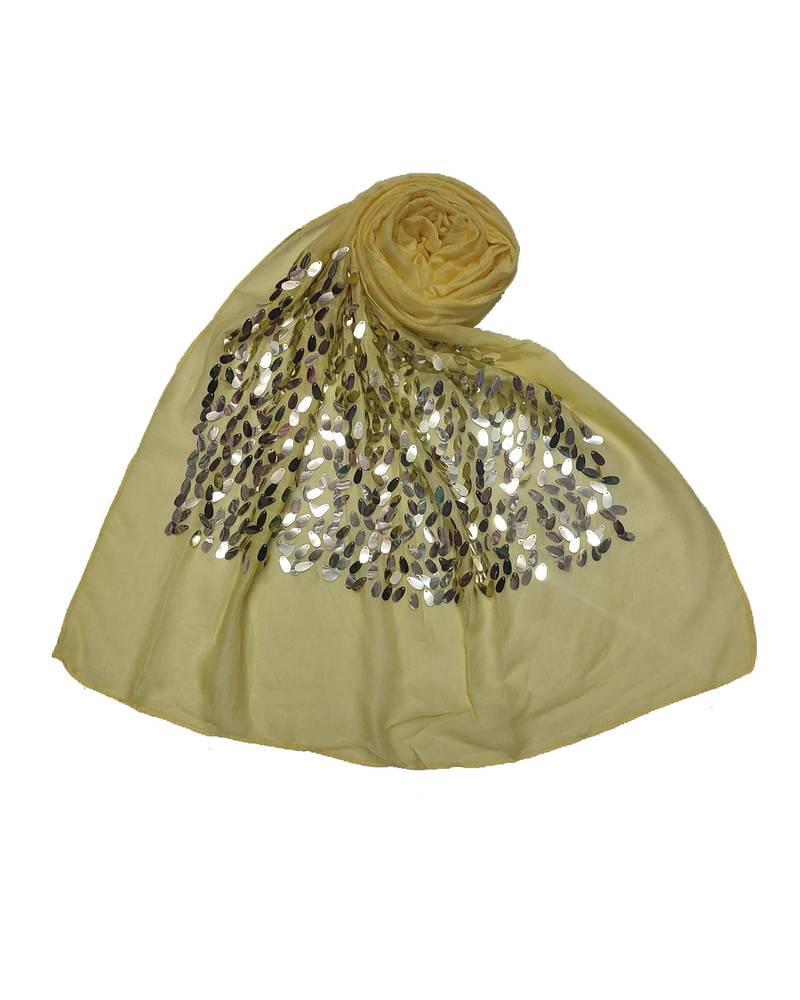 Cotton  Sequence  Design Stole ( Light Yellow Size 75 x 185 CM )
