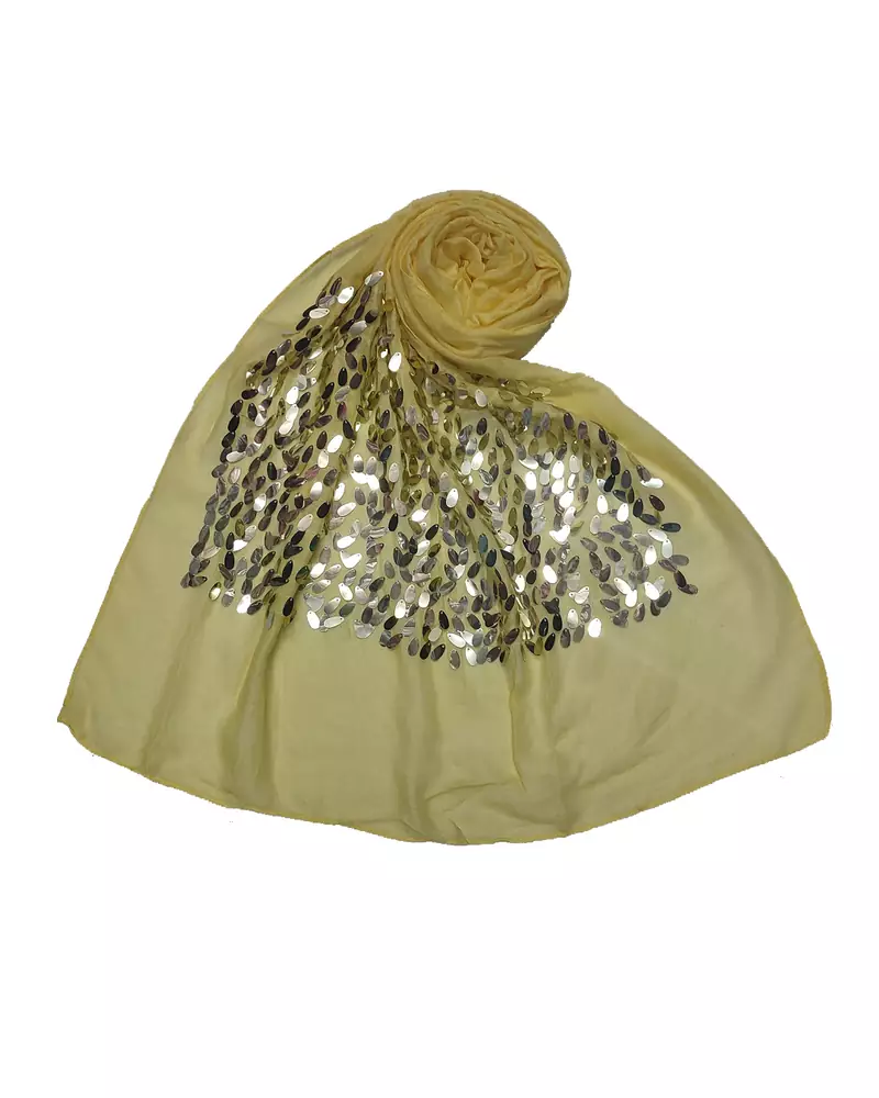 Cotton  Sequence  Design Stole ( Light Yellow Size 75 x 185 CM )