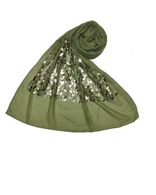 Cotton  Sequence  Design Stole ( Green Size 75 x 185 CM ) 1