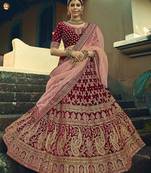 Maroon thread embroidery velvet semi stitched lehenga