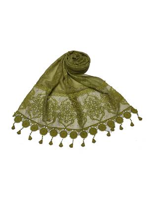 2 Sided Circular Border With Long Fringe's Cotton Diamond Work Design Stole ( Green Size 75 x 185 CM ) 1