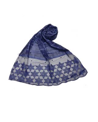 Big Star Design On NetWith Diamonds and Moti Studed Cotton Box Checkered  Scarf ( Dark Blue Size 75 x 185 CM ) 1