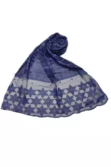Big Star Design On NetWith Diamonds and Moti Studed Cotton Box Checkered  Scarf ( Dark Blue Size 75 x 185 CM )
