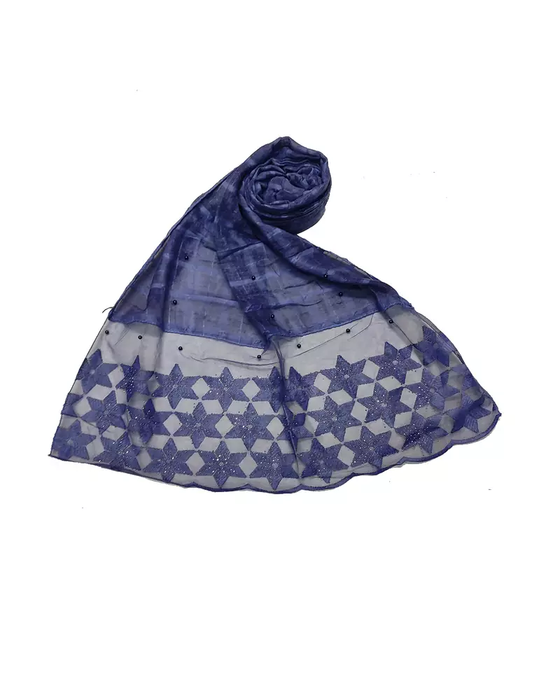 Big Star Design On NetWith Diamonds and Moti Studed Cotton Box Checkered  Scarf ( Dark Blue Size 75 x 185 CM )