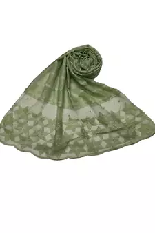 Big Star Design On NetWith Diamonds and Moti Studed Cotton Box Checkered  Scarf ( Green Size 75 x 185 CM )