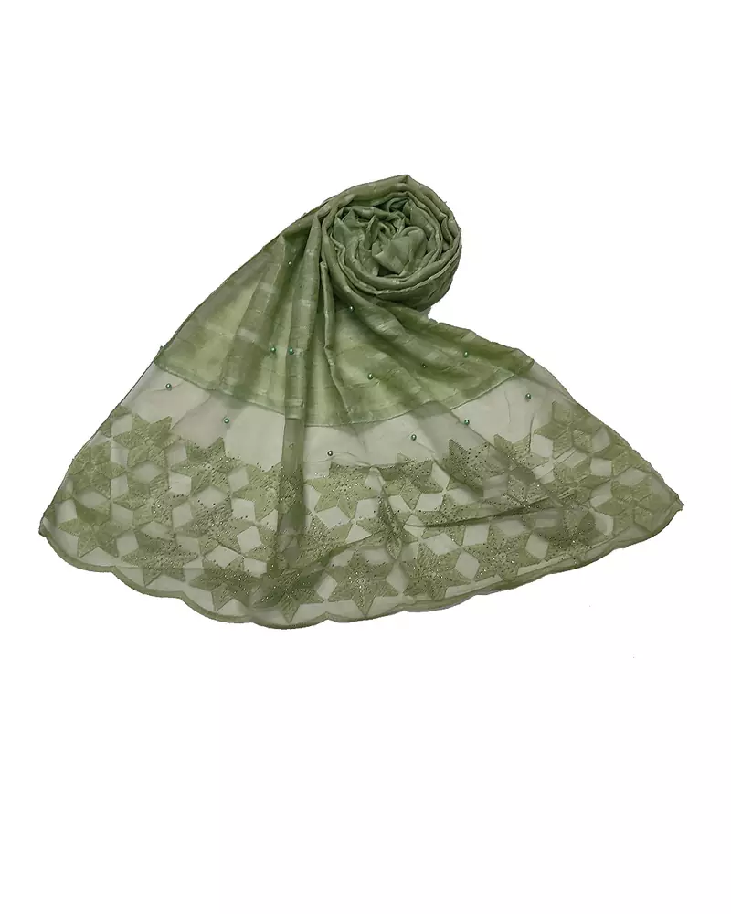 Big Star Design On NetWith Diamonds and Moti Studed Cotton Box Checkered  Scarf ( Green Size 75 x 185 CM )