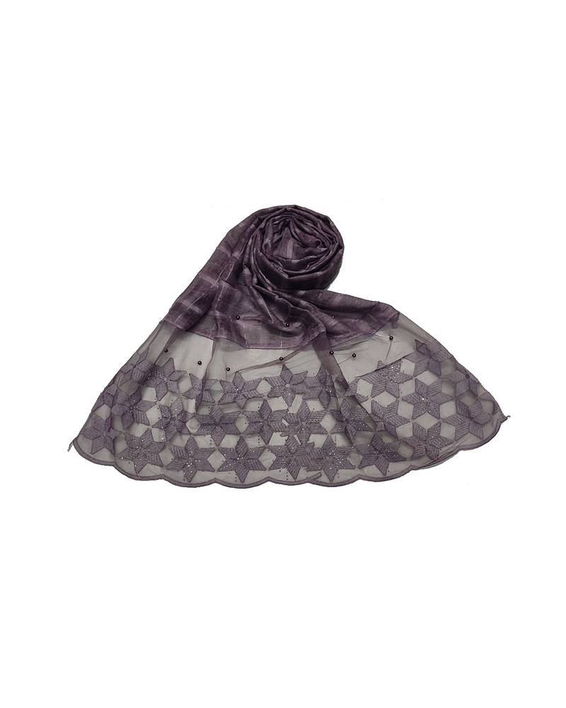 Big Star Design On NetWith Diamonds and Moti Studed Cotton Box Checkered  Scarf ( Light Purple Size 75 x 185 CM )