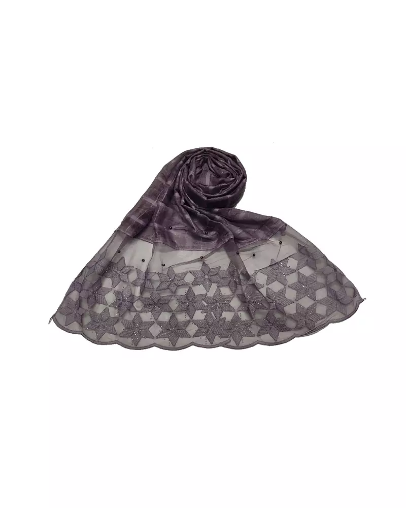 Big Star Design On NetWith Diamonds and Moti Studed Cotton Box Checkered  Scarf ( Light Purple Size 75 x 185 CM )