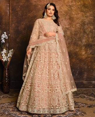 Peach Net  Embroidered Ramzan Eid Salwar Suit Semi Stitched 1