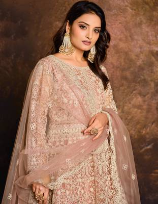 Peach Net  Embroidered Ramzan Eid Salwar Suit Semi Stitched 2