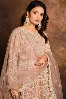 Peach Net  Embroidered Ramzan Eid Salwar Suit Semi Stitched