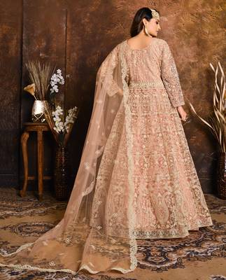 Peach Net  Embroidered Ramzan Eid Salwar Suit Semi Stitched 3