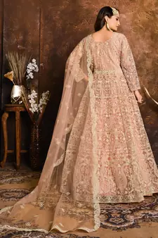 Peach Net  Embroidered Ramzan Eid Salwar Suit Semi Stitched