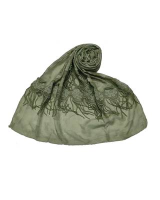 Cotton 2 Sided Big Flower Border With Fringe's and Golden Diamonds Studed On The Stole ( Dark Green Size 75 x 185 CM ) 1