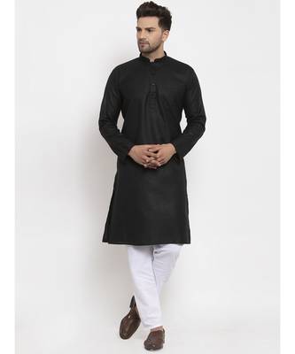 Men Black and White Cotton Solid Kurta with Pyjamas 3