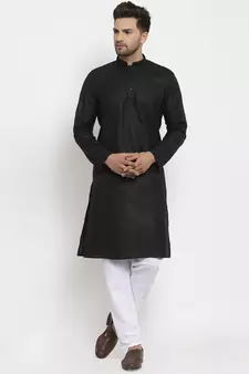 Men Black and White Cotton Solid Kurta with Pyjamas