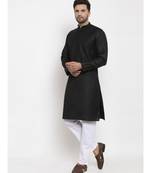 Men Black and White Cotton Solid Kurta with Pyjamas