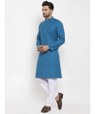 Men Blue and White Cotton Solid Kurta with Pyjamas 1