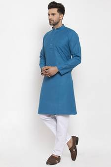 Men Blue and White Cotton Solid Kurta with Pyjamas