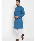 Men Blue and White Cotton Solid Kurta with Pyjamas