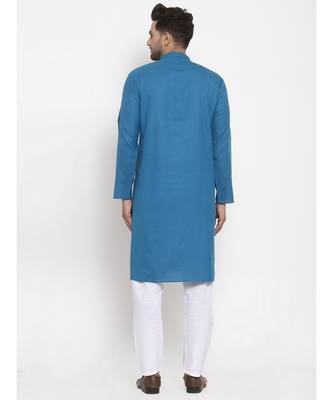 Men Blue and White Cotton Solid Kurta with Pyjamas 2