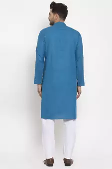 Men Blue and White Cotton Solid Kurta with Pyjamas