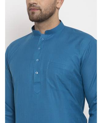 Men Blue and White Cotton Solid Kurta with Pyjamas 3