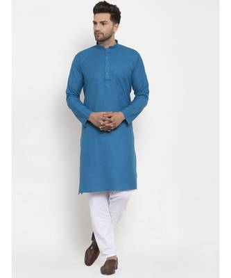 Men Blue and White Cotton Solid Kurta with Pyjamas 4