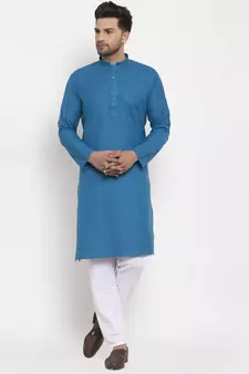 Men Blue and White Cotton Solid Kurta with Pyjamas