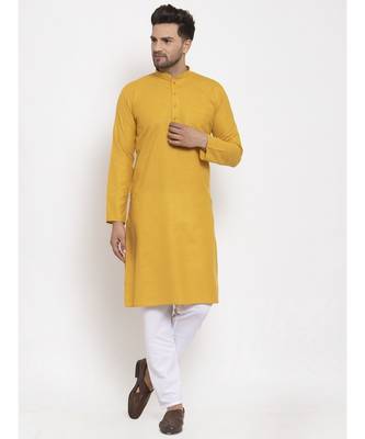 Men Mustard and White Cotton Solid Kurta with Pyjamas 1