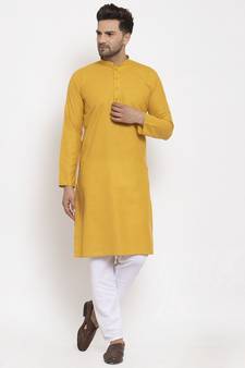 Men Mustard and White Cotton Solid Kurta with Pyjamas