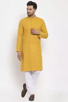 Men Mustard and White Cotton Solid Kurta with Pyjamas
