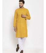 Men Mustard and White Cotton Solid Kurta with Pyjamas