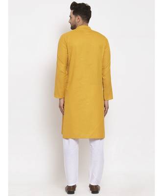 Men Mustard and White Cotton Solid Kurta with Pyjamas 2