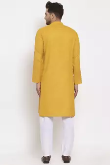 Men Mustard and White Cotton Solid Kurta with Pyjamas