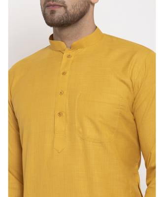Men Mustard and White Cotton Solid Kurta with Pyjamas 3